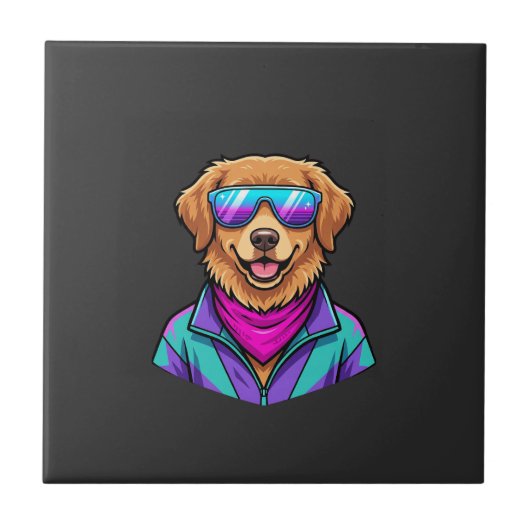 かわいい犬のサングラス レトロネオンアート_1 タイル (正面)