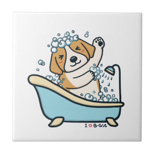 かわいい犬のシャワーイラストレーション タイル (正面)