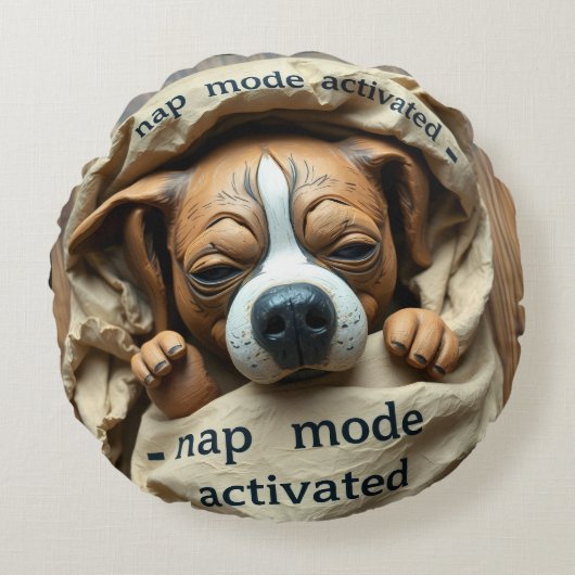 かわいい犬のデザイン「Dog Nap Mode Activated」 ラウンドクッション (正面)