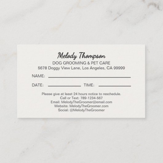 かわいい犬のトリマーペットケアアポイントメントリマインダー 名刺 (裏面)