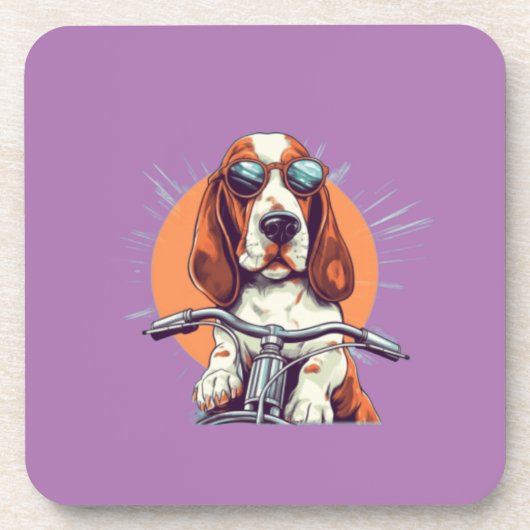 かわいい犬のバイクもしくは自転車に乗る人が夕日に コースター (正面)