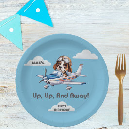 かわいい犬のパイロットが飛行機を操縦する男の子の1歳の誕生日 ペーパープレート