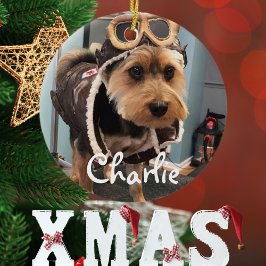 かわいい犬のパイロット写真、メリークリスマス、パーソナライズ セラミックオーナメント