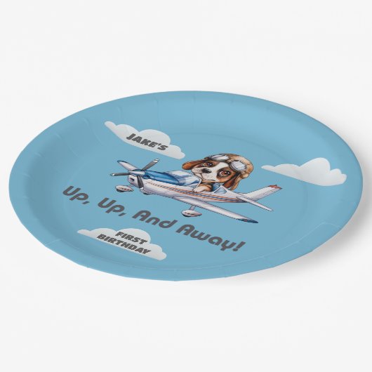 かわいい犬のパイロット&セスナ飛行機、旅行、最初の誕生日 ペーパープレート (アングル)