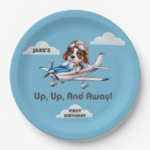 かわいい犬のパイロット&セスナ飛行機、旅行、最初の誕生日 ペーパープレート (正面)