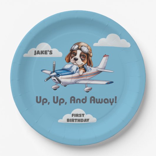かわいい犬のパイロット&セスナ飛行機、旅行、最初の誕生日 ペーパープレート