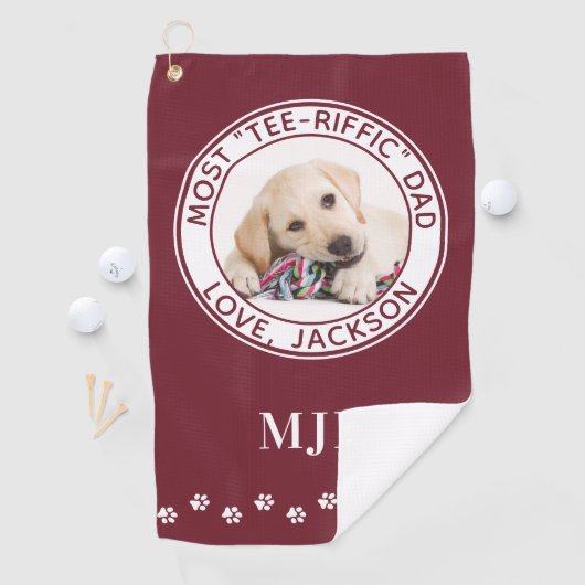 かわいい犬のパパパーソナライズされたフォトゴルファー赤 ゴルフタオル (インサイチュ)