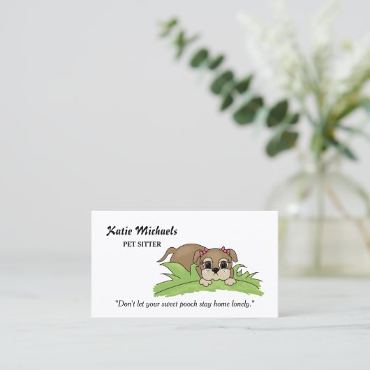 かわいい犬のピンクの弓ペット座るサービス 名刺 (スタンド正面)