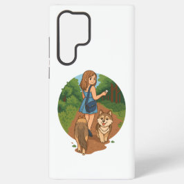 かわいい犬のママが子犬と森の遊歩道を散歩するイラスト SAMSUNG GALAXY S22 ULTRAケース