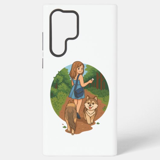 かわいい犬のママが子犬と森の遊歩道を散歩するイラスト SAMSUNG GALAXYケース (裏面)