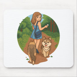 かわいい犬のママが子犬と森の遊歩道を散歩イラスト マウスパッド