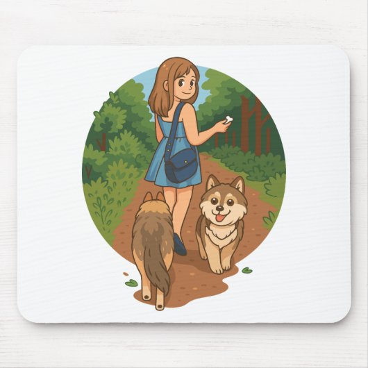 かわいい犬のママが子犬と森の遊歩道を散歩イラスト マウスパッド (正面)