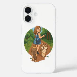 かわいい犬のママが子犬と森の遊歩道を散歩イラスト iPhone 16ケース