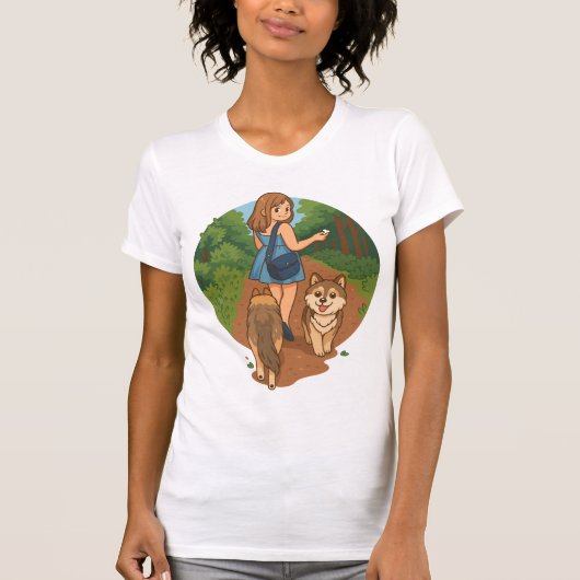 かわいい犬のママが子犬と森の遊歩道を散歩イラスト Tシャツ (正面)