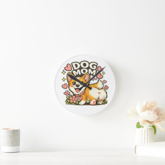 かわいい犬のママ コーギー ステッカー キュートな花とハートのアート ラウンド壁時計