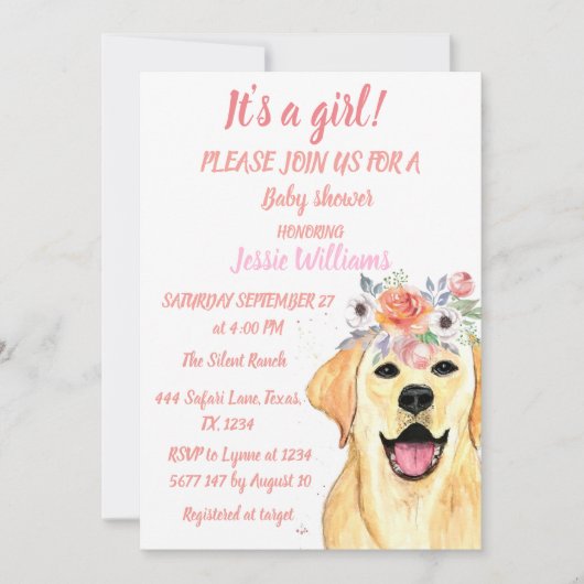 かわいい犬のラブラドール動物ピンクの子犬のベビーガール 招待状 (正面)