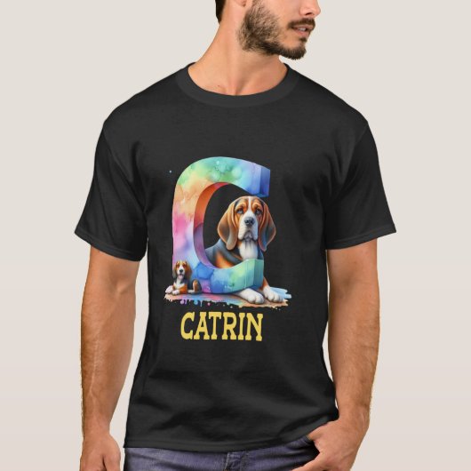 かわいい犬のレターCatrinネームレインボードッグ Tシャツ (正面)