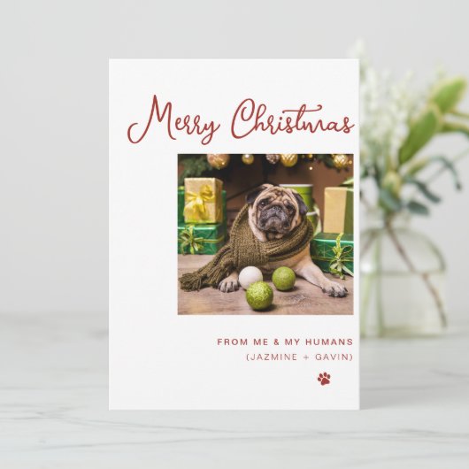 かわいい犬の写真メリーパーソナライズされたクリスマスカスタム シーズンカード (スタンド正面)
