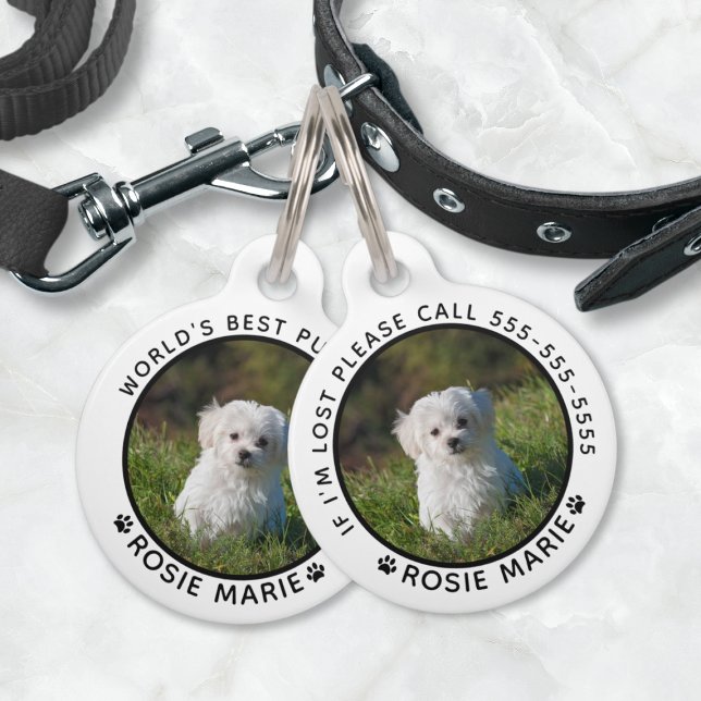 かわいい犬の写真名手のプリントパーソナライズされた ペット　ネームタグ (Cute Dog Photo Name Paw Prints Personalized Pet ID Tag (front and back))