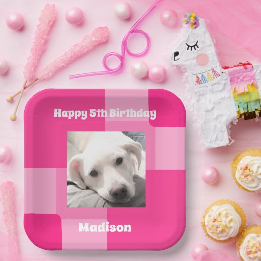 かわいい犬の写真5誕生日ピンク ペーパープレート (パーティー)