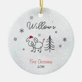 かわいい犬の初めてのクリスマスツリー雪の結晶 セラミックオーナメント (正面)