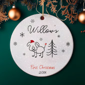 かわいい犬の初めてのクリスマスツリー雪の結晶 セラミックオーナメント