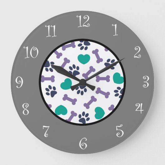 かわいい犬の前足と骨のテーマ壁飾り時計 ラージ壁時計 (正面)