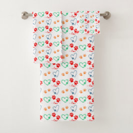 かわいい犬の前足のプリントと愛のハート バスタオルセット