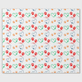 かわいい犬の前足のプリントと愛のハート ラッピングペーパー (フラット)