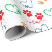 かわいい犬の前足のプリントと愛のハート ラッピングペーパー (ロールコーナー)