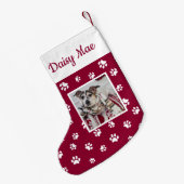 かわいい犬の名前と写真 赤と白の足跡プリント スモールクリスマスストッキング (裏面 (吊り時))