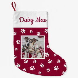 かわいい犬の名前と写真 赤と白の足跡プリント スモールクリスマスストッキング