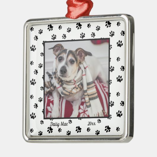 かわいい犬の名前と年と写真付き黒前版画 メタルオーナメント (左)