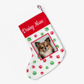 かわいい犬の名前の写真 赤と緑の足跡 スモールクリスマスストッキング (裏面 (吊り時))