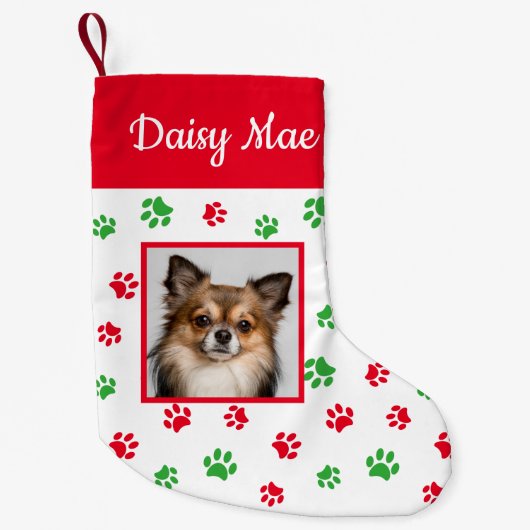 かわいい犬の名前の写真 赤と緑の足跡 スモールクリスマスストッキング (正面)