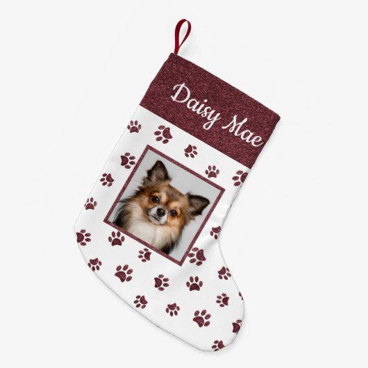 かわいい犬の名前フォトバラ金ゴールドグリッターポープリント スモールクリスマスストッキング (正面 (吊り時))