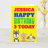 かわいい犬の子供たち任意の年齢の名前イエロー誕生日カード カード (黄色い花)