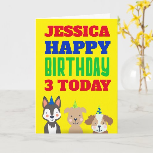 かわいい犬の子供たち任意の年齢の名前イエロー誕生日カード カード (黄色い花)