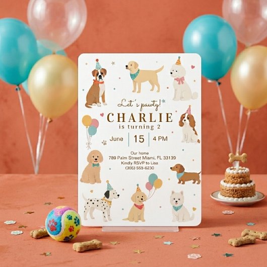 かわいい犬の子犬の誕生日パーティーの招待状 Let's Pawty 招待状
