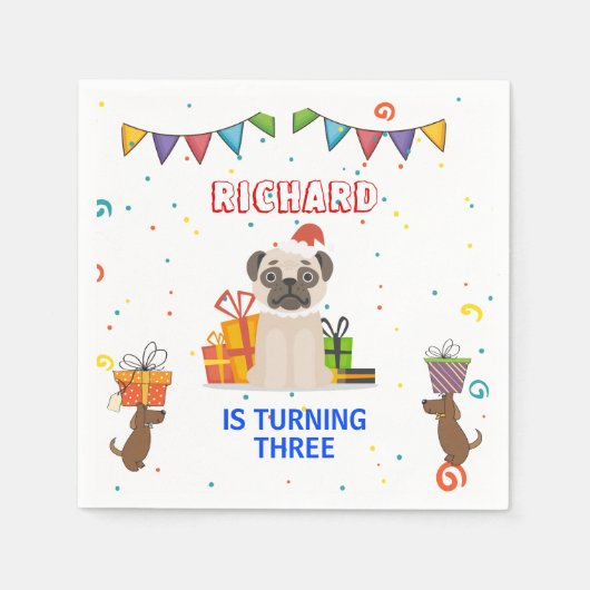 かわいい犬の子犬をテーマにした子どもの誕生日パーティー スタンダードカクテルナプキン (正面)