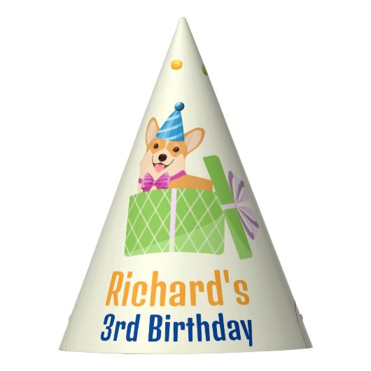 かわいい犬の子犬をテーマにした子どもの誕生日パーティー パーティーハット (正面)