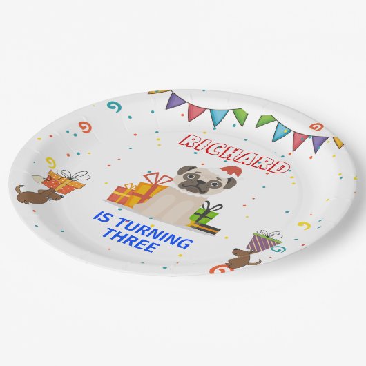 かわいい犬の子犬をテーマにした子どもの誕生日パーティー ペーパープレート (アングル)