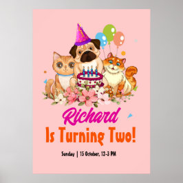 かわいい犬の子犬をテーマにした子どもの誕生日パーティー ポスター