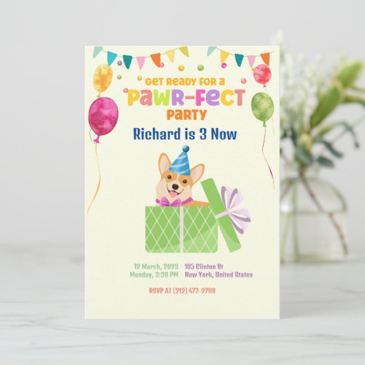 かわいい犬の子犬をテーマにした子どもの誕生日パーティー 招待状 (スタンド正面)