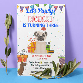 かわいい犬の子犬をテーマにした子どもの誕生日パーティー 招待状