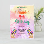 かわいい犬の子犬をテーマにした子どもの誕生日パーティー 招待状 (スタンド正面)