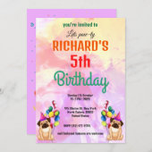 かわいい犬の子犬をテーマにした子どもの誕生日パーティー 招待状 (正面/裏面)