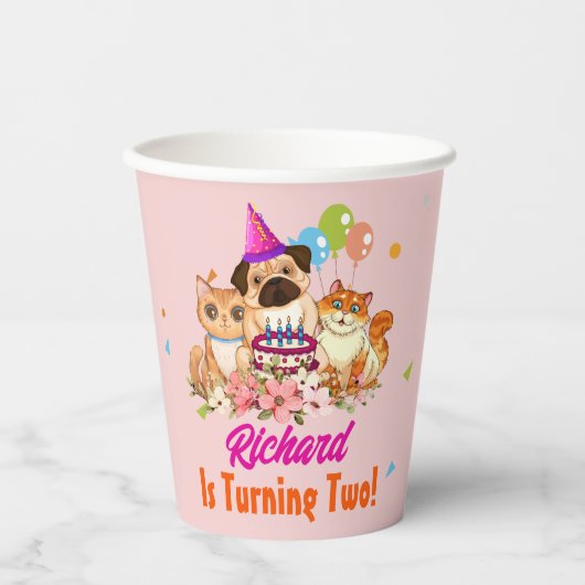 かわいい犬の子犬をテーマにした子どもの誕生日パーティー 紙コップ (正面)