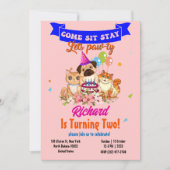 かわいい犬の子犬をテーマにした子供の誕生日パーティー 招待状 (正面)