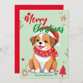 かわいい犬の子犬サンタクリスマスホリデーファミリー名 シーズンカード (正面/裏面)